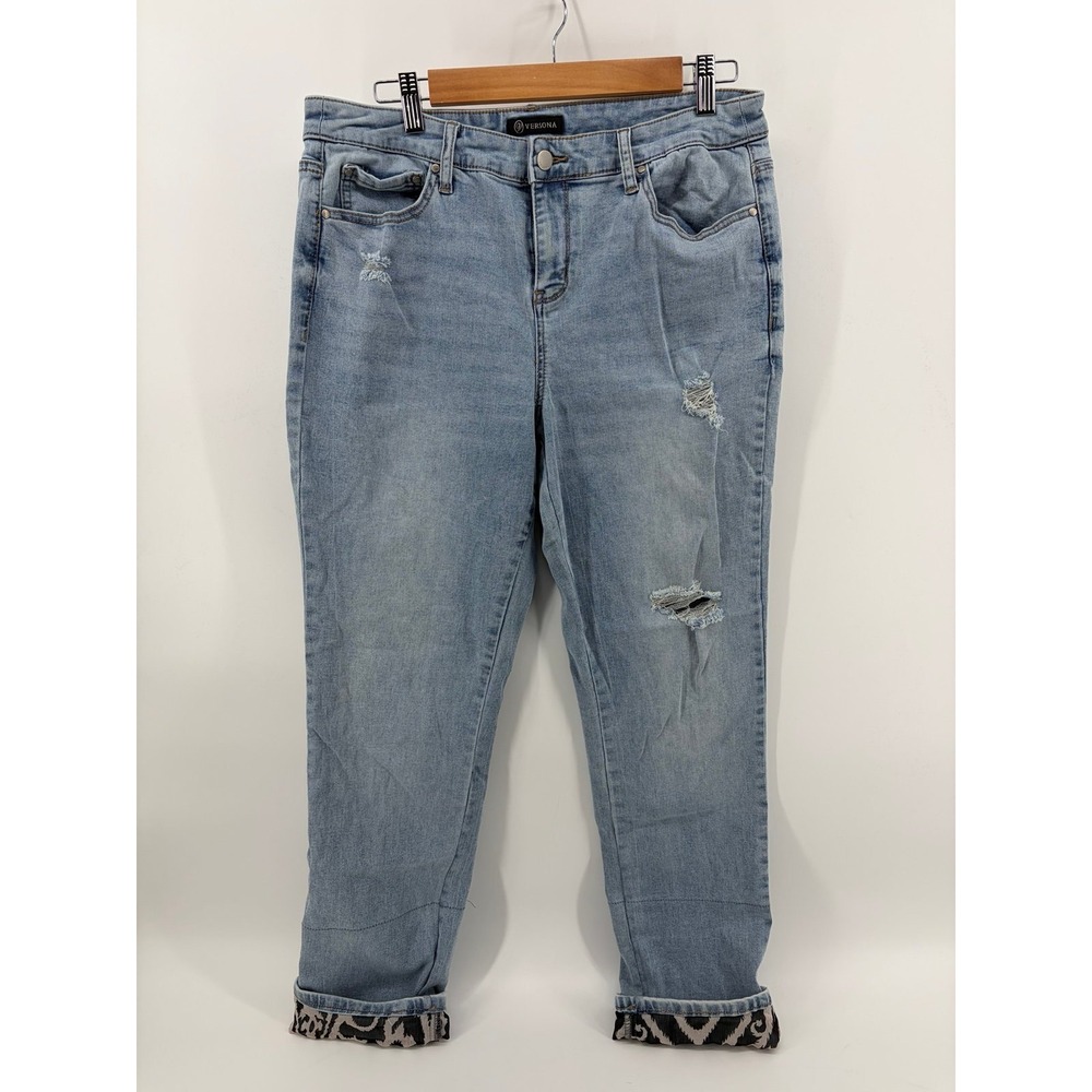 Verona Light Wash Distressed Cropped Jeans W/ Animal Patterned Cuffs, Size 12